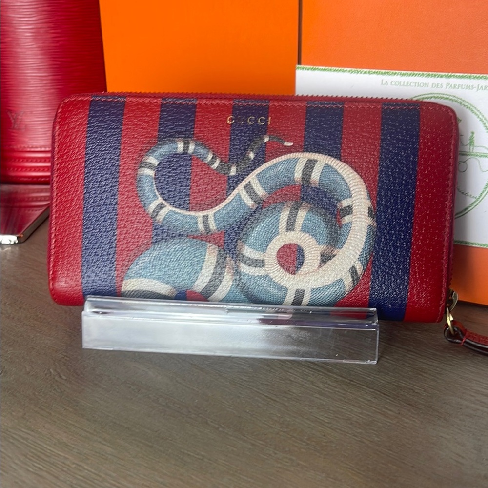 Gucci Red and Blue Striped Snake Wallet